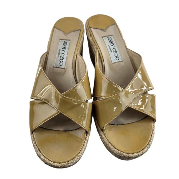 Jimmy Choo Sandals Womens 8.5 38.5 Platform Espadrille Beige Patent Leather - Picture 5 of 15